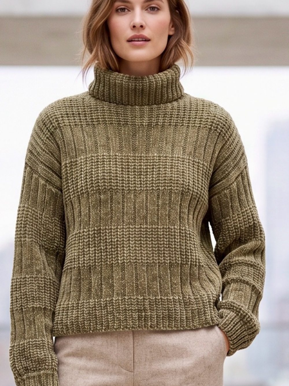 Guess Jeans Chunky Shaker-Stitch Turtleneck Sweater Olive Green XS